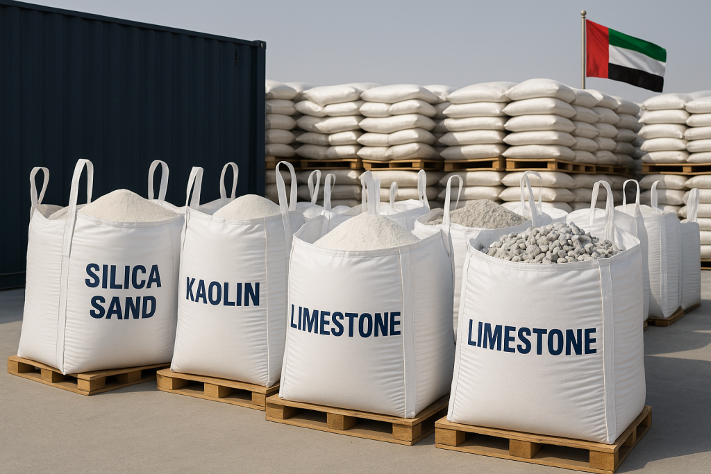 Manara Minerals bulk bags labeled silica sand, kaolin, and limestone
